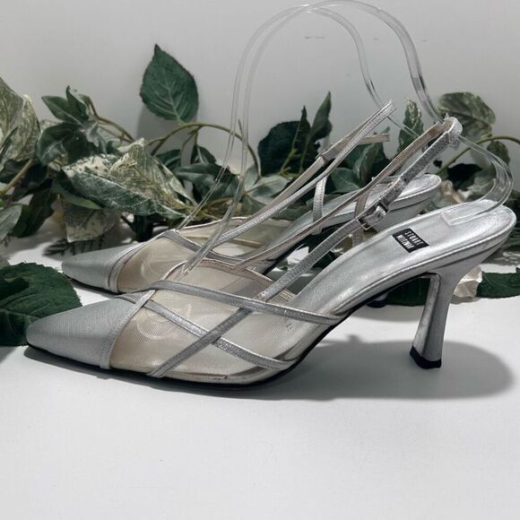 Stuart Weitzman Lame Dressy Pumps Size 8.5 Silver Matte Slingback Mesh Detail - Picture 8 of 16